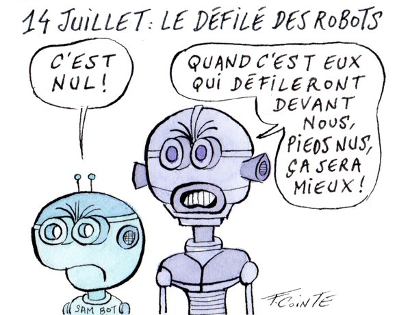 Dessin: Robots et cyber-combattants sur les Champs Elysées